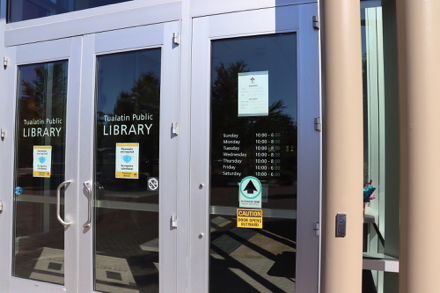 Front door of Tualatin Public Library - hours of operation